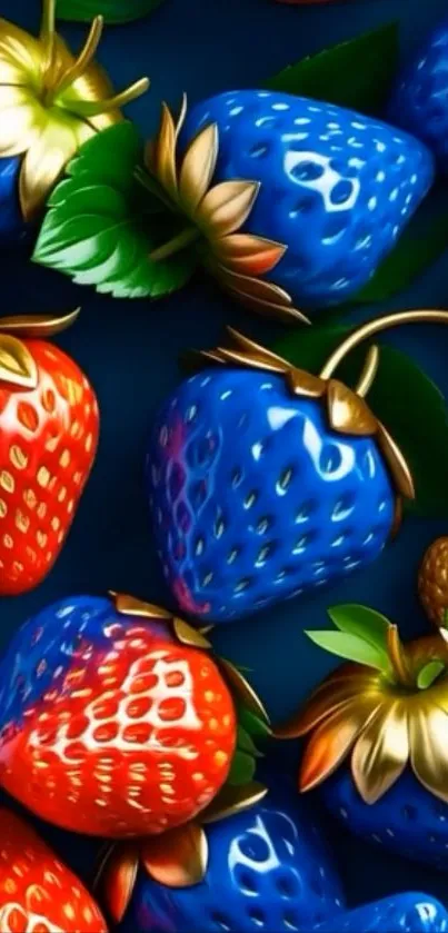 Artistic wallpaper with red and blue strawberries.