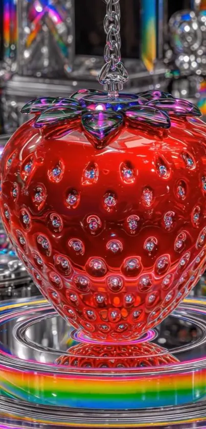 Red glass strawberry on reflective background with colorful accents.