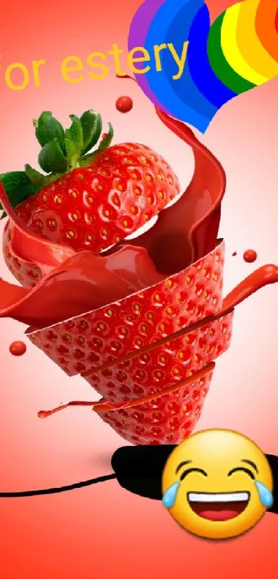 Vibrant strawberry splash with colorful heart and laughing emoji.