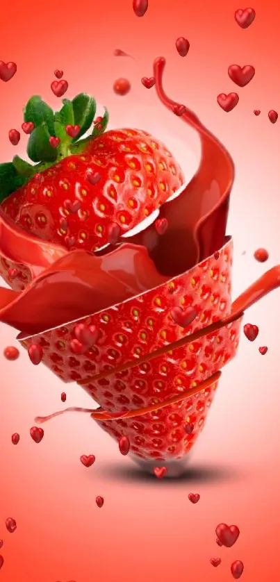 Red strawberry splash with heart accents on vibrant wallpaper.