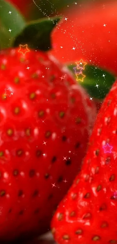 Close-up of ripe strawberries with vivid red color and green leaves.