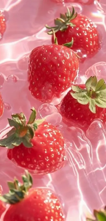 Vibrant strawberries on glossy pink background wallpaper.