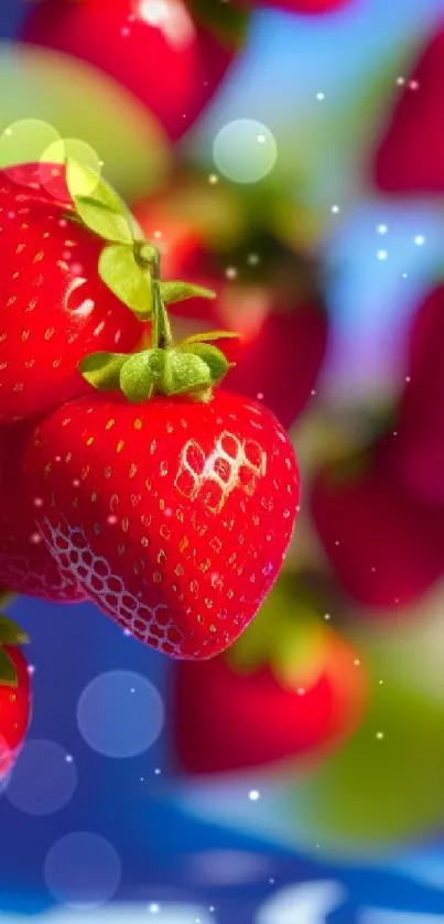 Close-up of vibrant red strawberries with green leaves on a colorful background.