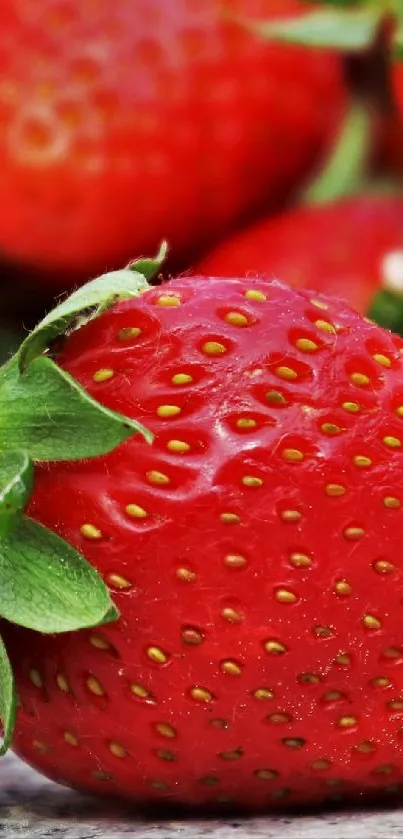 Close-up of vibrant red strawberries on a surface, showcasing natural texture.