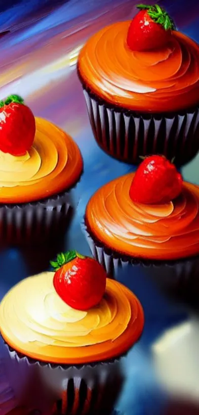 Vibrant cupcakes with strawberries on blue background.