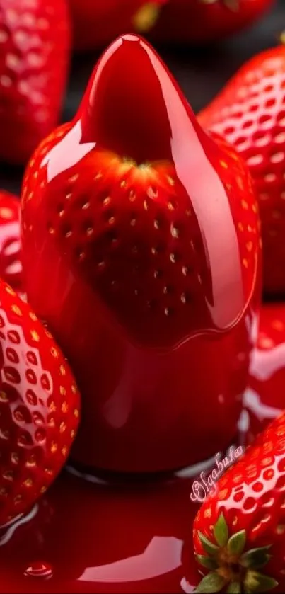 Glossy red strawberries on vibrant red background.