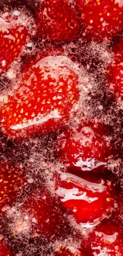 Close-up of strawberries with sugar crystals in vibrant red hues.