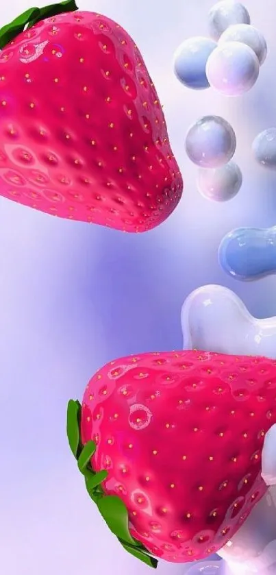 Vibrant red strawberries with pastel bubbles on a phone wallpaper.