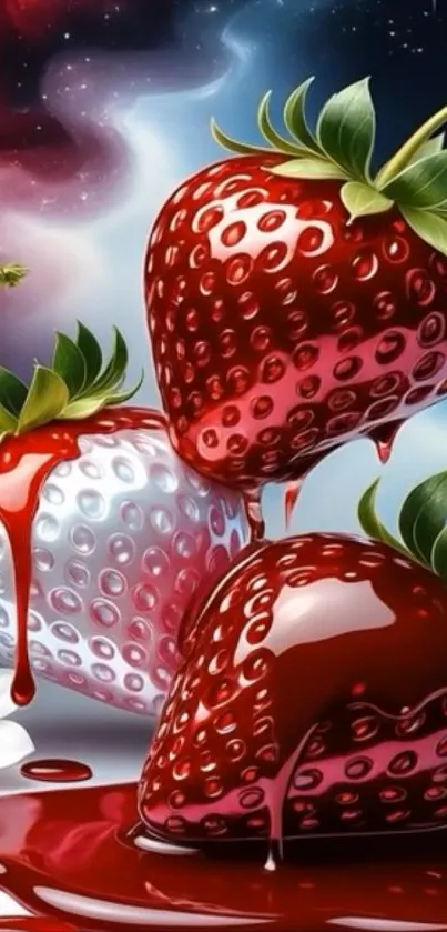 Artistic strawberries with vivid colors in cosmic setting.