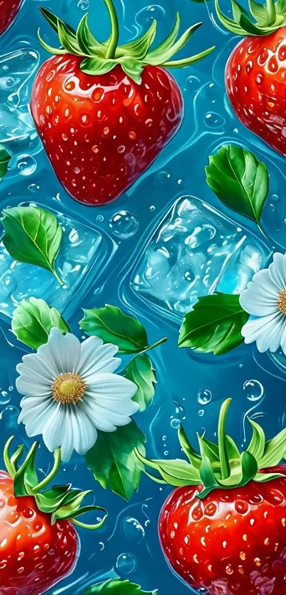Wallpaper with strawberries, daisies, ice cubes, and a blue splash background.