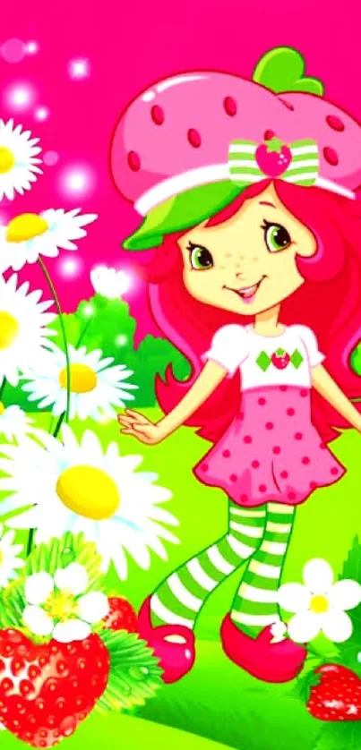 Strawberry girl with daisies mobile wallpaper.