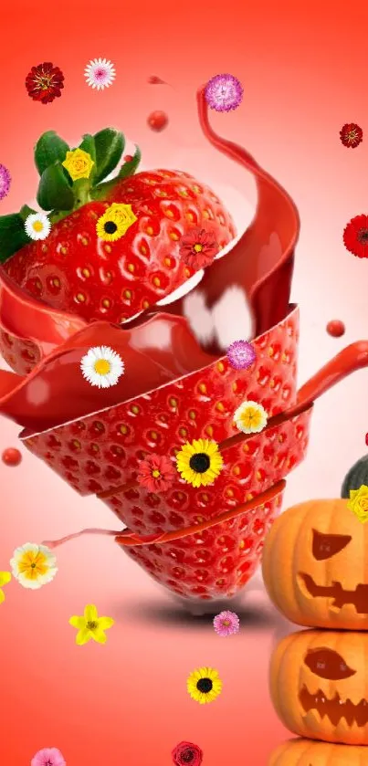 Vibrant strawberry and pumpkin Halloween wallpaper with colorful flowers.