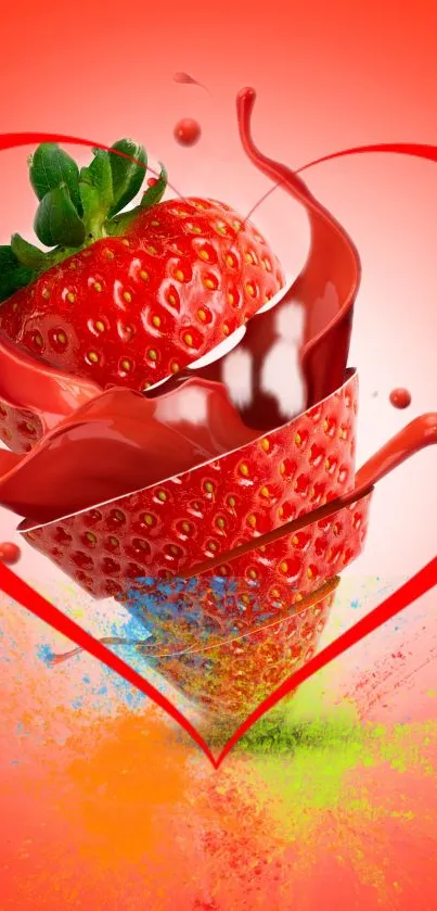 Strawberry heart artwork with vibrant red tones and colorful splashes for mobile wallpaper.