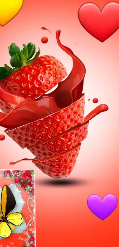 Sliced strawberry with splashes and colorful hearts on red background.