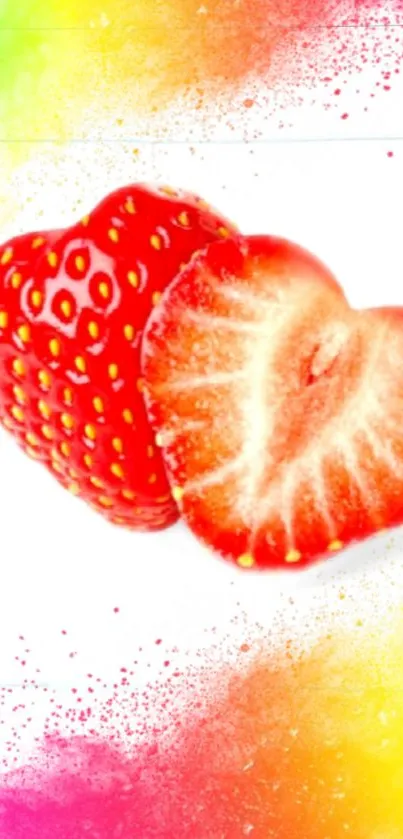 Vibrant strawberry heart with colorful background.