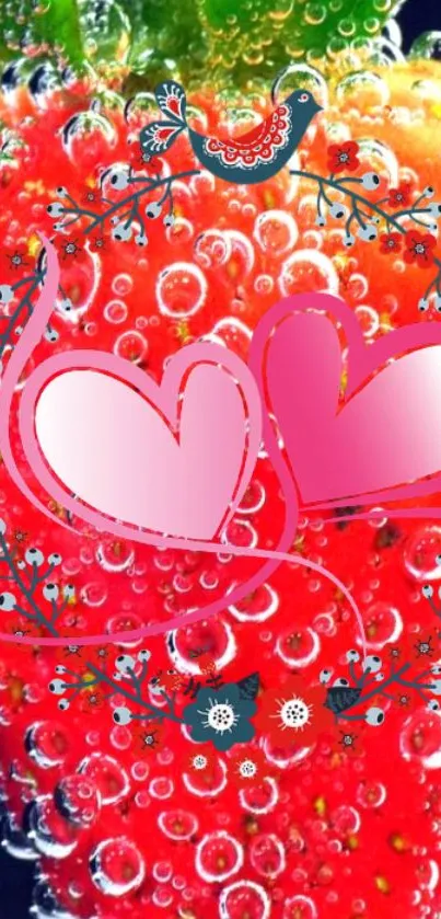 Colorful strawberry and hearts wallpaper with bubbles.