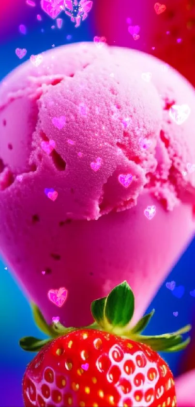 Bright pink strawberry ice cream with fresh strawberries on a vibrant background.