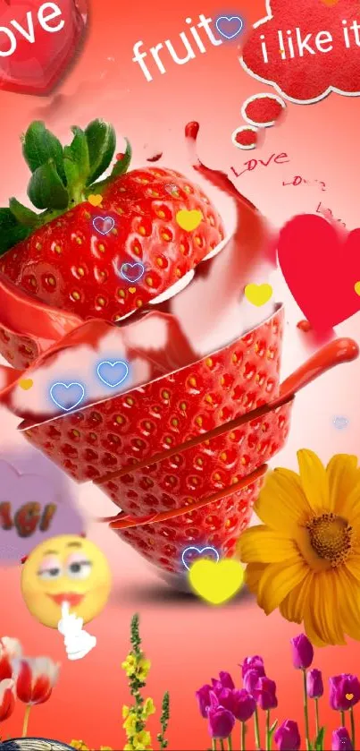 Sliced strawberry with love motifs and colorful flowers on a vibrant background.