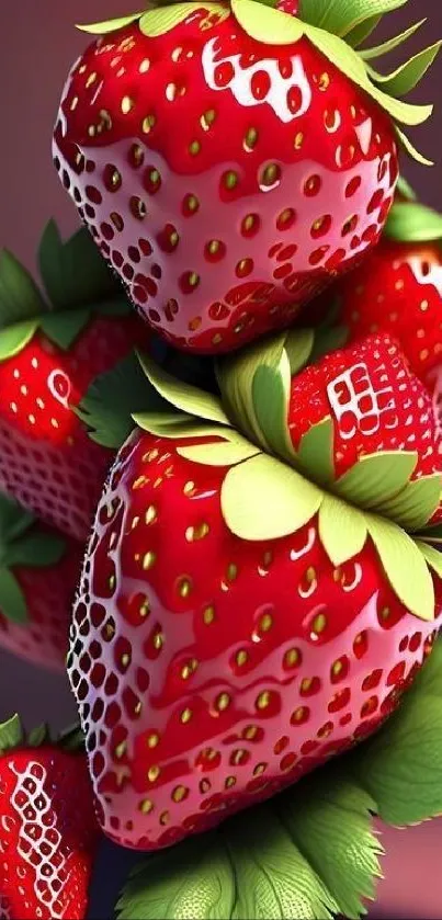 Vibrant red strawberries with green leaves, artistic wallpaper.