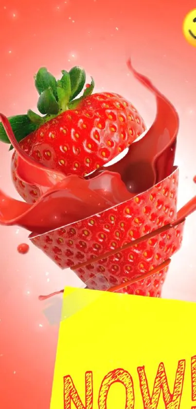 Vibrant strawberry with playful design and bright colors on mobile wallpaper.