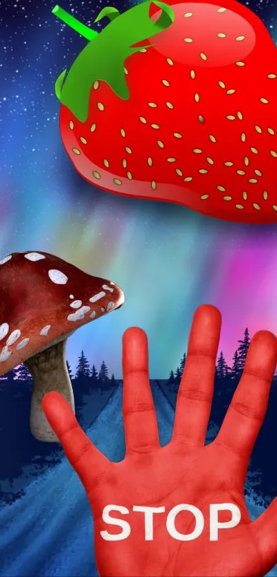 Surreal mobile wallpaper with strawberry and mushroom at night.