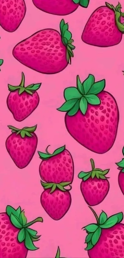Bright pink wallpaper with green-topped strawberries in a playful design.