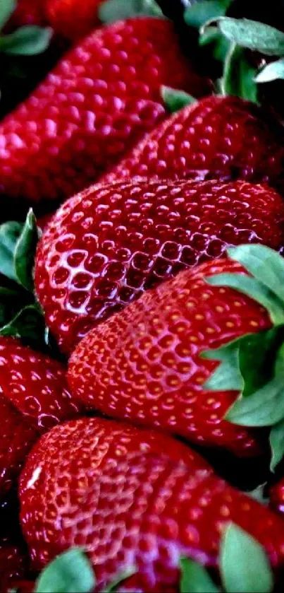 Close-up of fresh red strawberries with green leaves as a phone wallpaper.