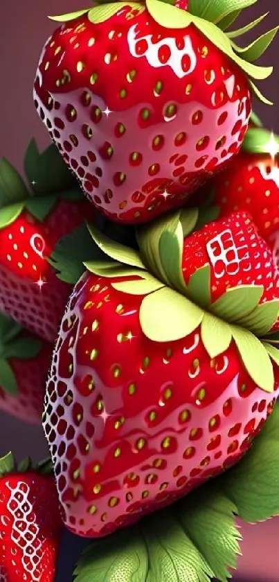 3D strawberries with green leaves on a phone wallpaper.