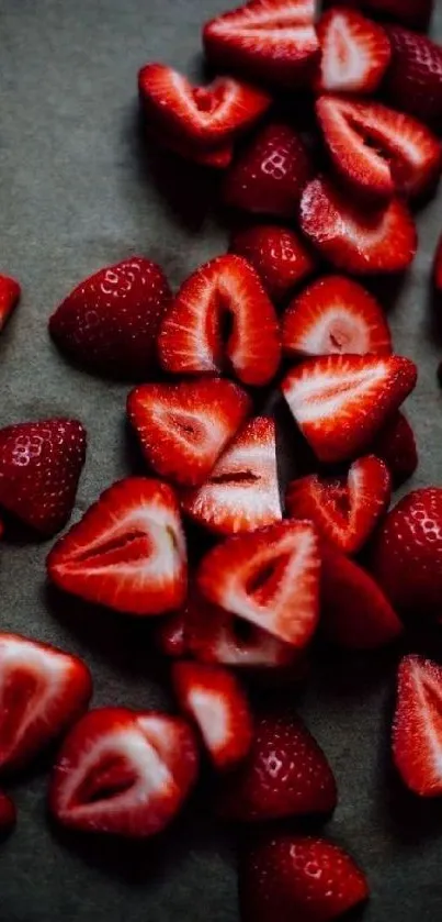 Mobile wallpaper featuring vibrant sliced strawberries on a dark background.