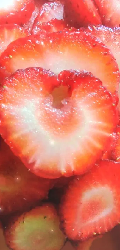 Close-up of vibrant sliced strawberries, highlighting rich red hues.