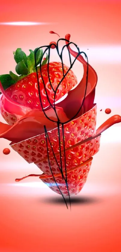 Vibrant strawberry splash on red background mobile wallpaper.