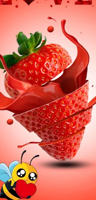 Vibrant strawberry and cartoon bee design with red splash on mobile wallpaper.