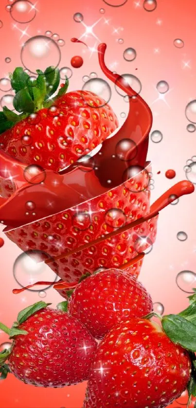 Vibrant wallpaper of strawberries with a splash effect.