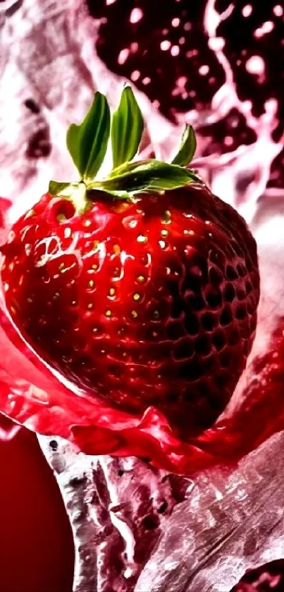 Vibrant strawberry splashing in red liquid artistic wallpaper.