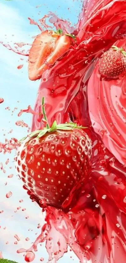 Vibrant strawberry splash against clear sky.