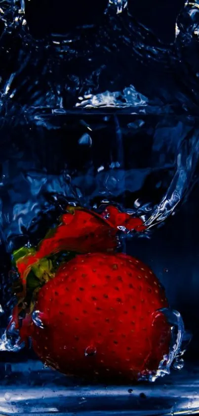 Strawberry submerged in water with splash effect on a dark background.