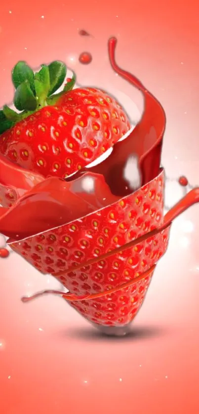 Artistic strawberry splash wallpaper with vibrant red tones.