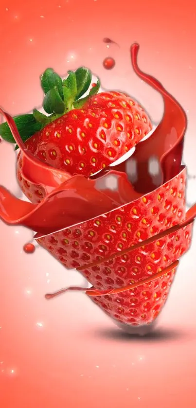 Sliced strawberry with dynamic juice splash on a vibrant red background.