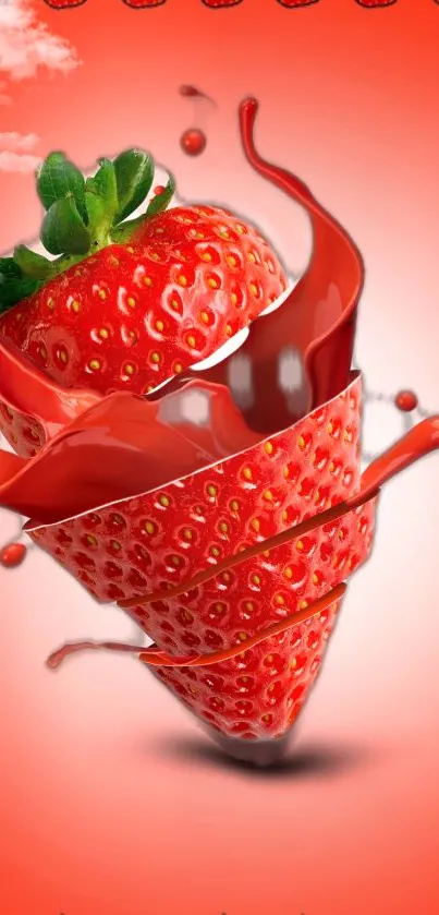 Artistic strawberry spiral with vibrant red splash on a mobile wallpaper.