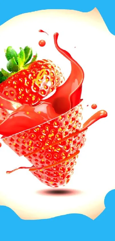 Dynamic strawberry splash wallpaper with red and blue vibrant colors.