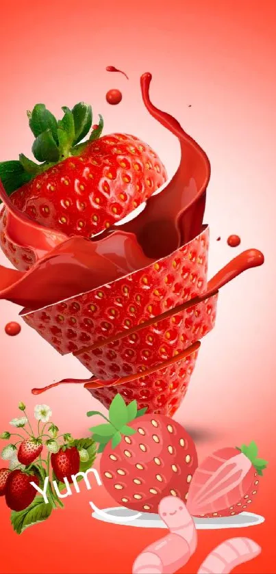 Strawberry splash with artistic twist on a red background.