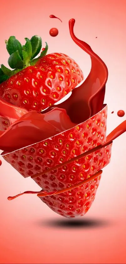 Sliced strawberry with vibrant splash design on red background.