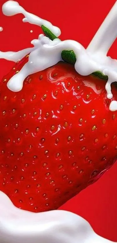 Vibrant red strawberry splashing in white milk.