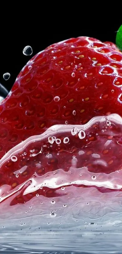 Strawberry with water splash on black background mobile wallpaper.