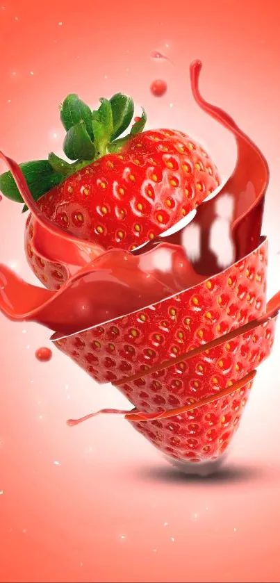 Dynamic strawberry splash design in vibrant red for mobile wallpaper.