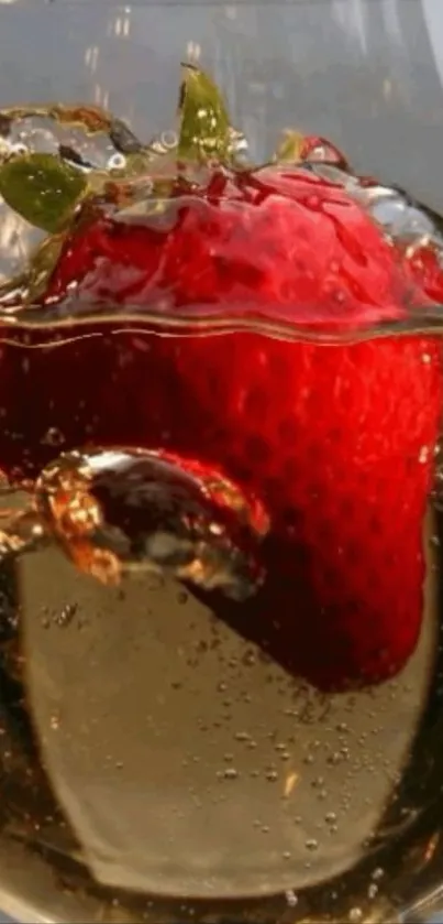 A vibrant strawberry submerged in bubbling liquid.