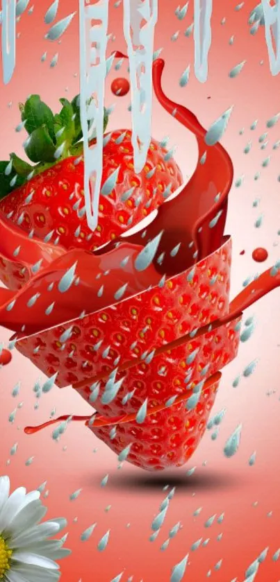 Dynamic strawberry splash wallpaper with vibrant red hues and artistic elements.