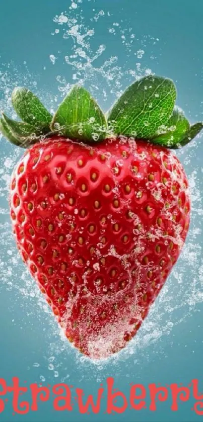 Strawberry in sparkling water wallpaper with vibrant red and green colors.