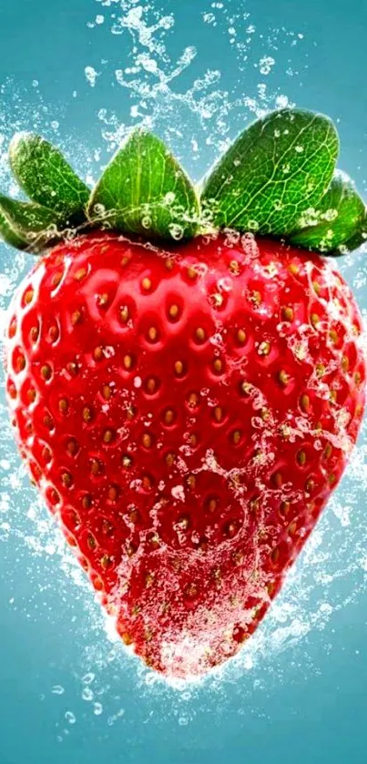 Vibrant strawberry splash with water bubbles on a teal background.