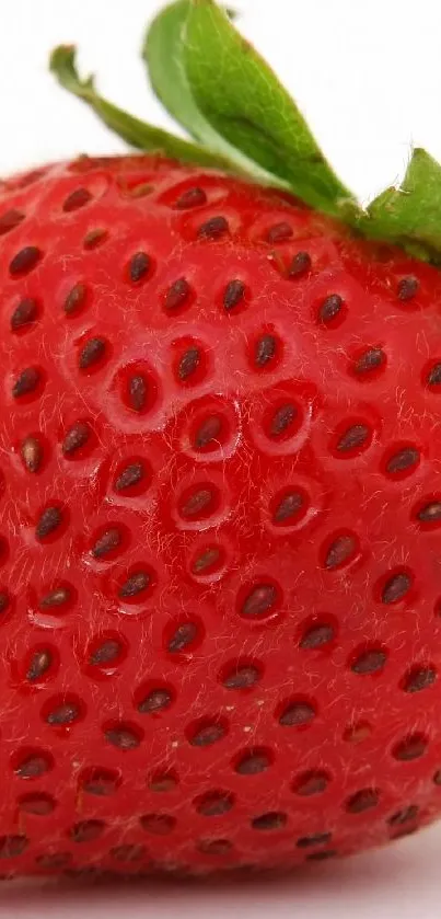 Close-up of a vibrant red strawberry with green leaves.